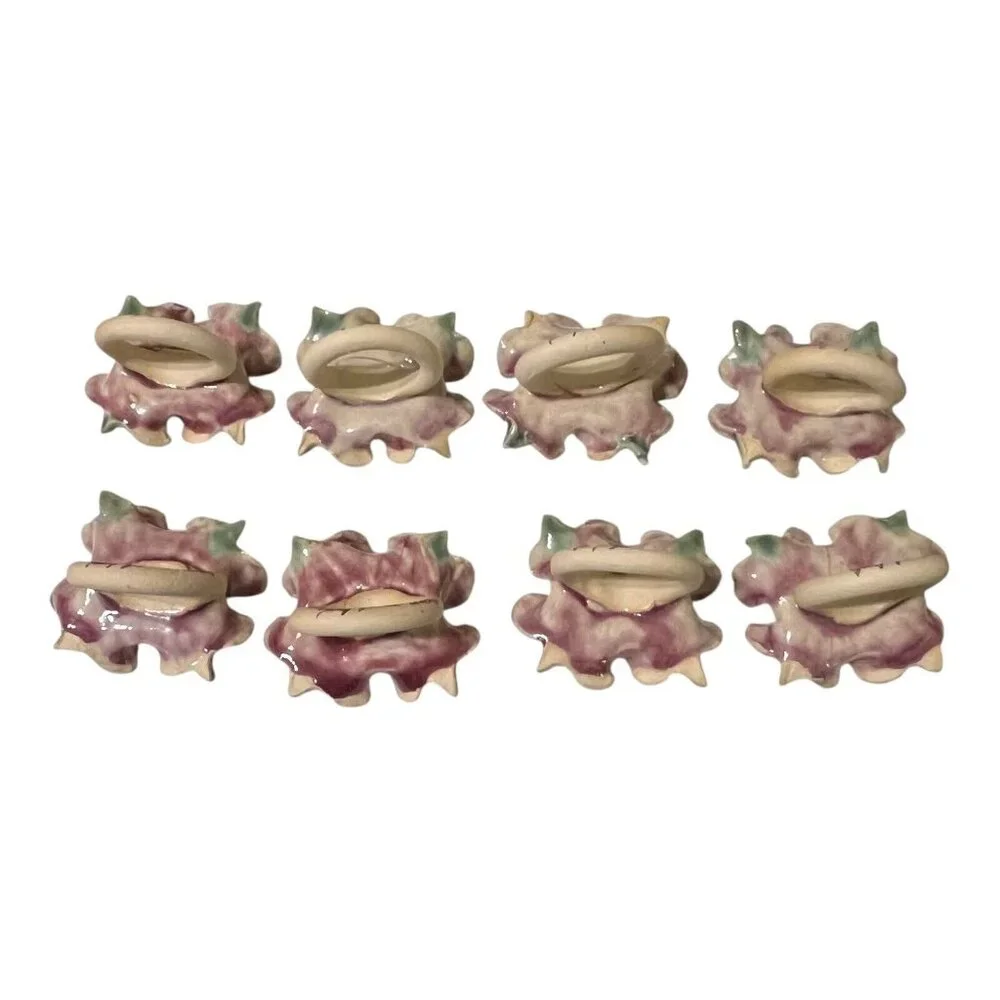 8 Judy Jones Pottery Signed Napkin Rings Studio Art Floral Design Multicolor Vtg